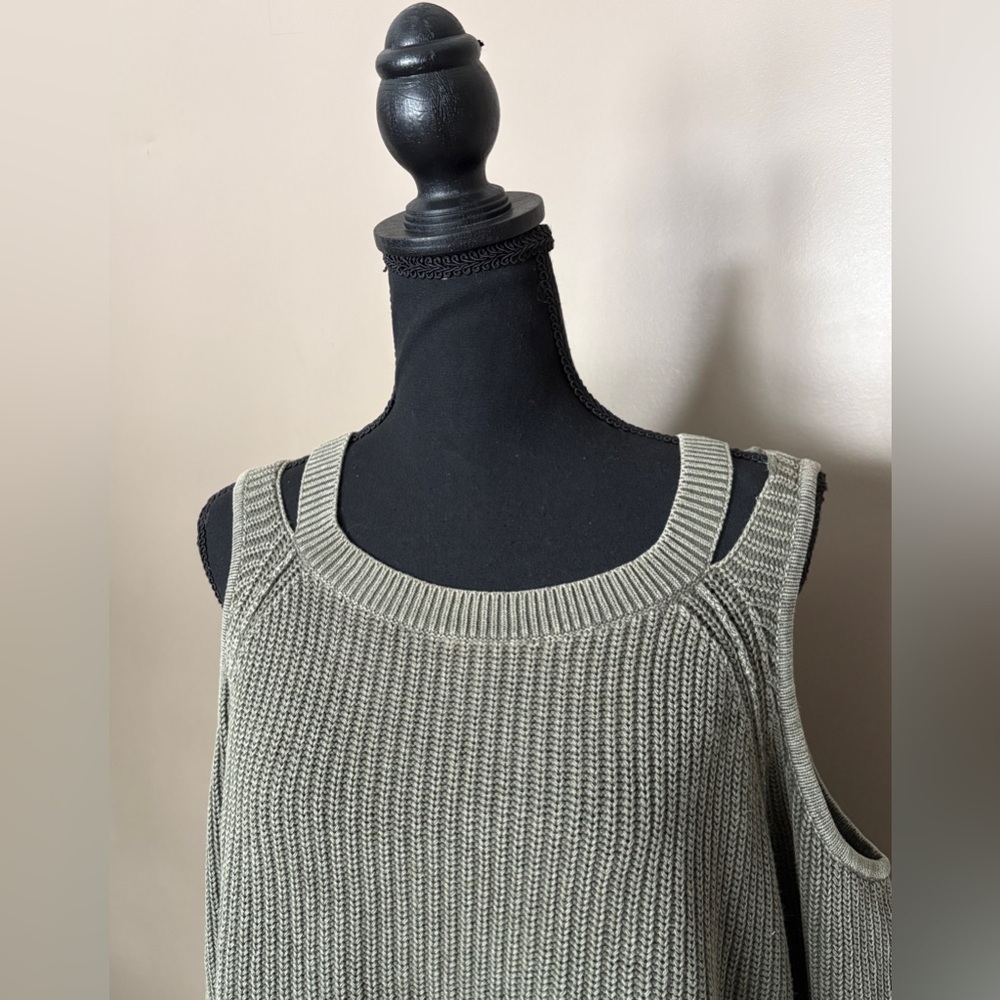 HOLLISTER cold shoulder olive green ribbed knit cotton sweater sz L cute casual - Picture 7 of 16